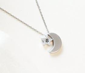  Personalized initial star and crescent Necklace, initial jewelry