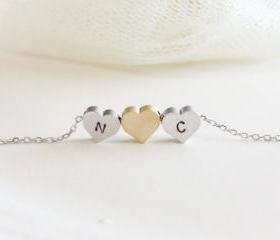 Personalized initial three heart necklace, initial jewelry